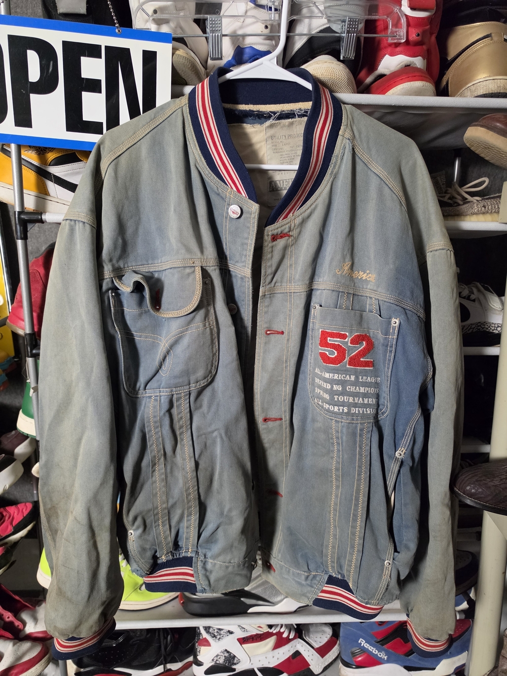 🔥 Perry Ellis Faded Blue Denim Bomber Jacket Letterman 'America' Red Trim Large